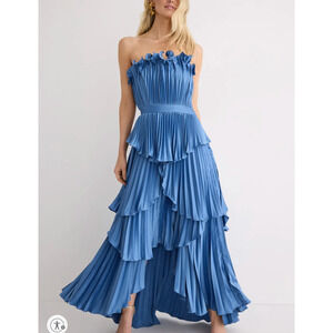 AMUR Blue Strapless Pleated Gown Size 4 Formal High Low Ruffle Designer $648